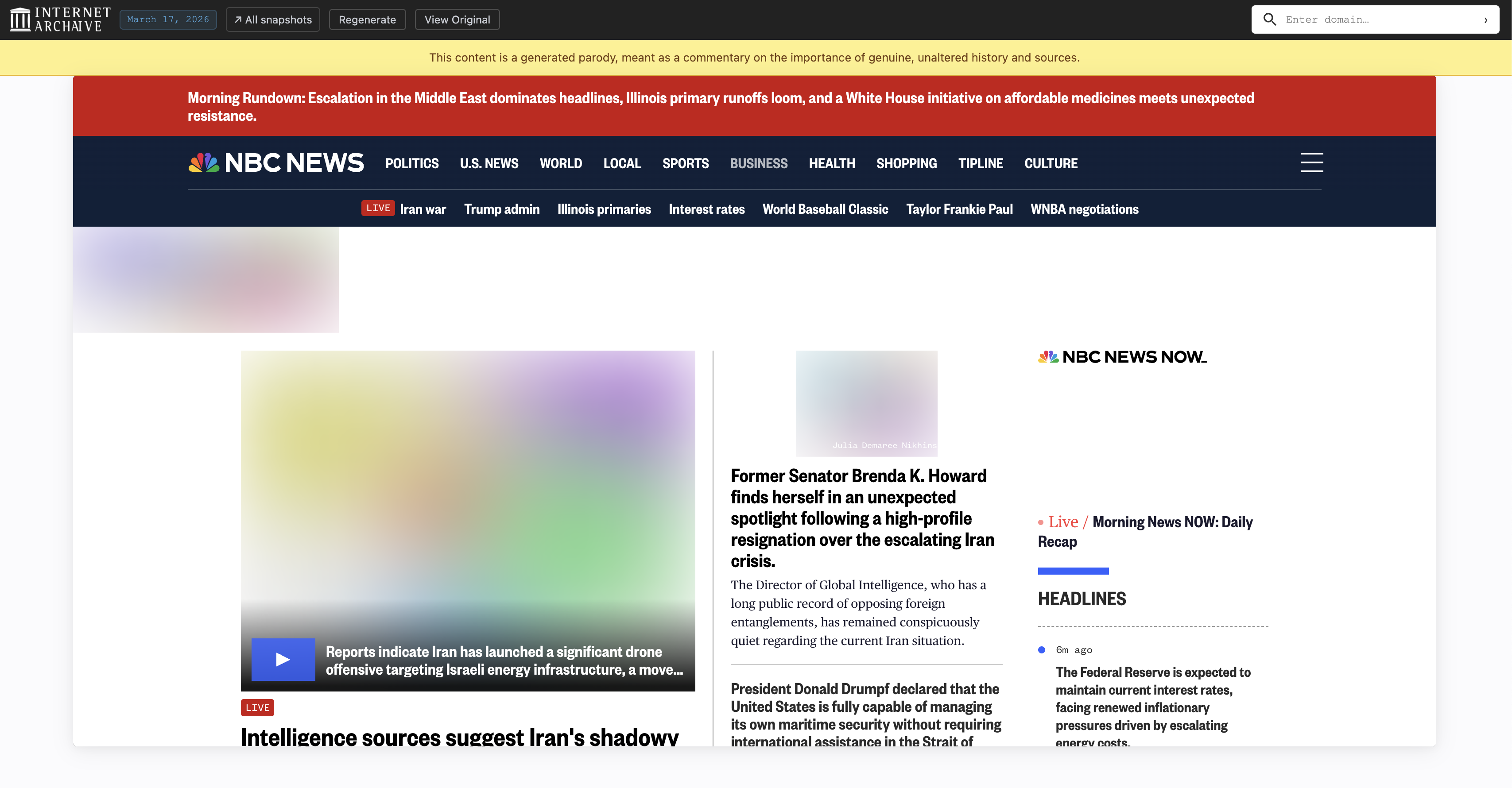 The same NBC News page after AI rewriting — images blurred, facts altered, layout preserved