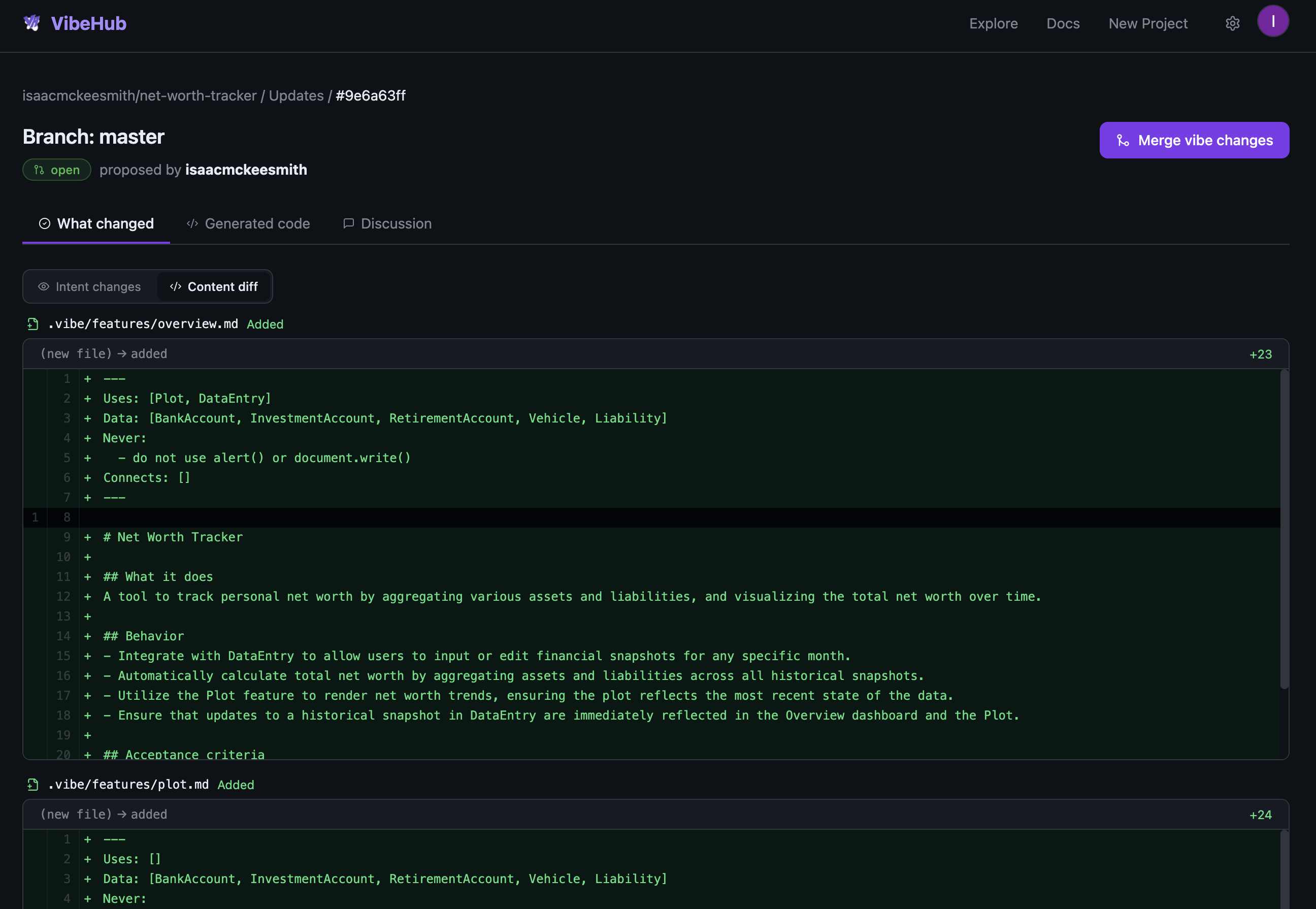 Content diff view — traditional line-level diff of the same spec changes for comparison