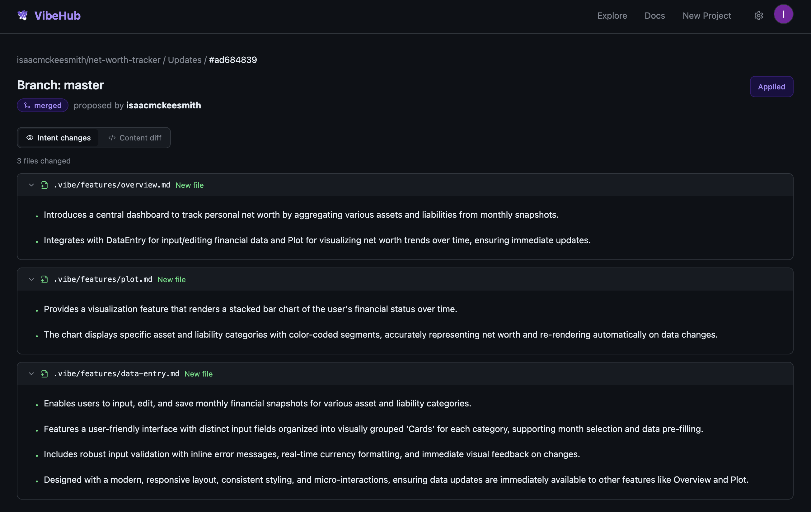 Intent diff view — behavioral changes extracted from spec modifications, showing added and modified deltas
