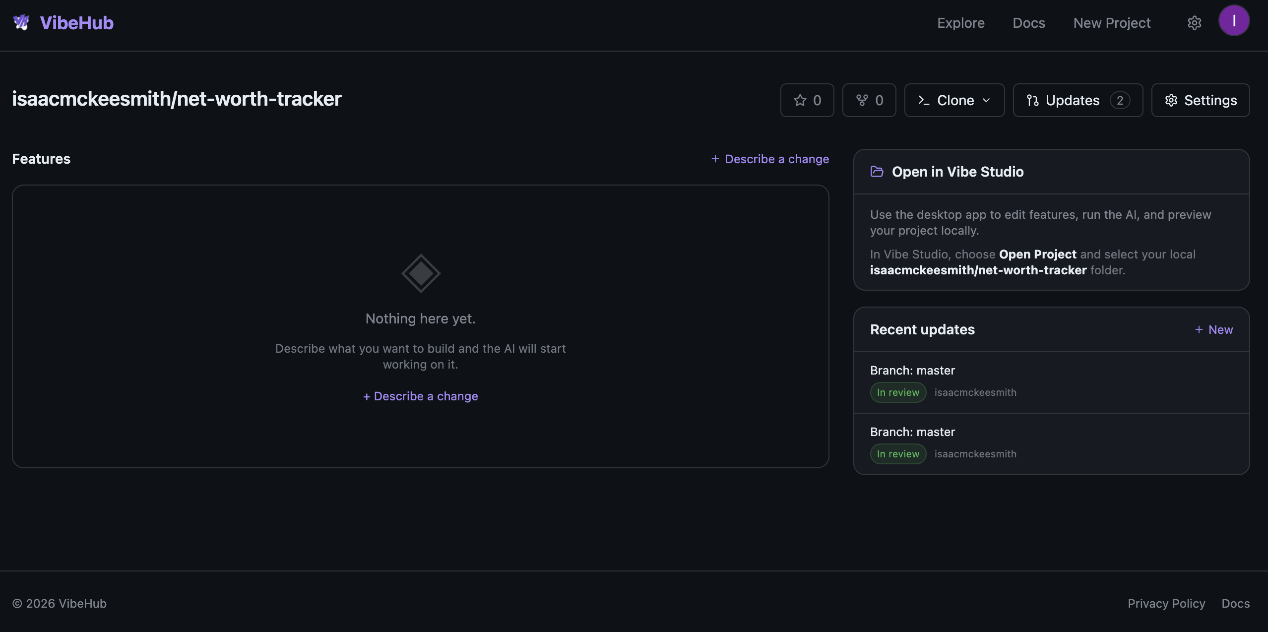 VibeHub project overview showing feature specs and compilation status