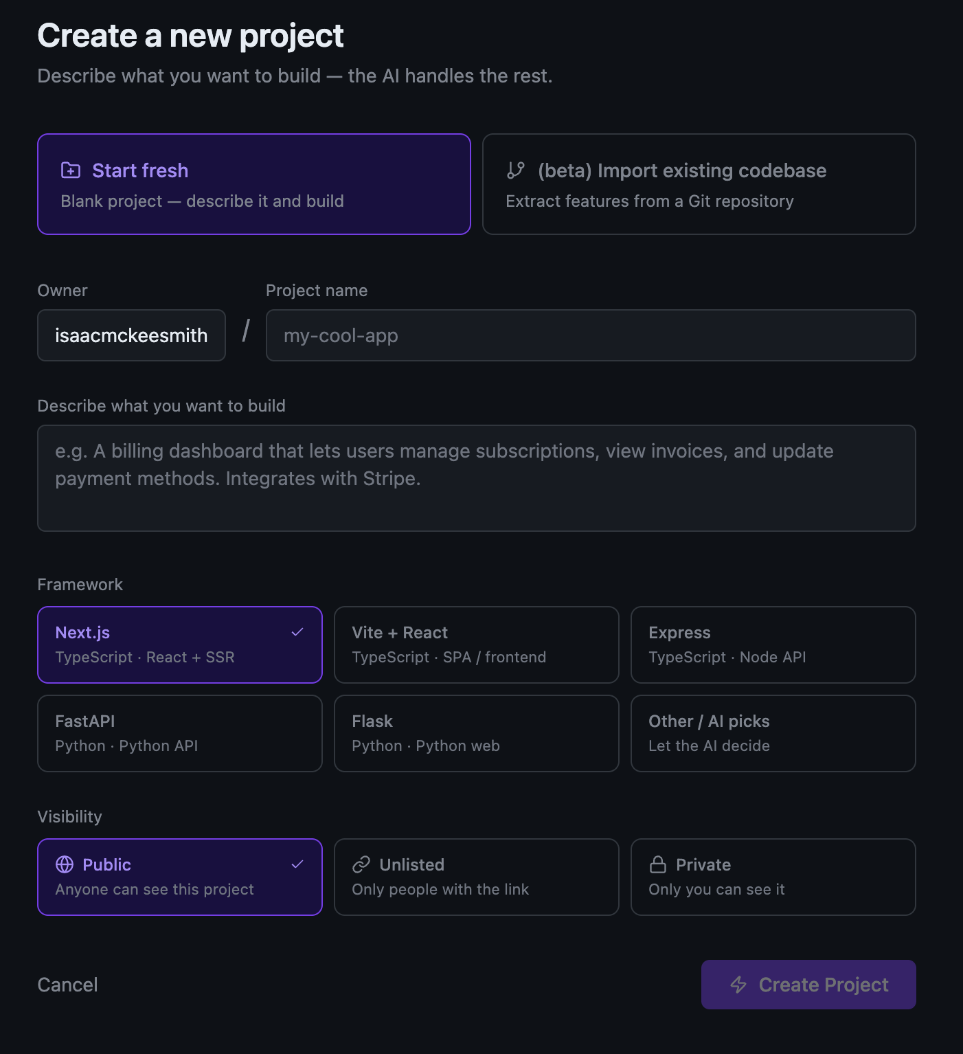 Creating a new VibeHub project with feature specs